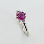 Platina ring med infattning i 18K rödguld, med granat och alexandriter, handgjord lyxdesign mot vit bakgrund.