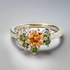 Silverring med orange och gröna moissaniter i elegant handgjord design mot neutral bakgrund.